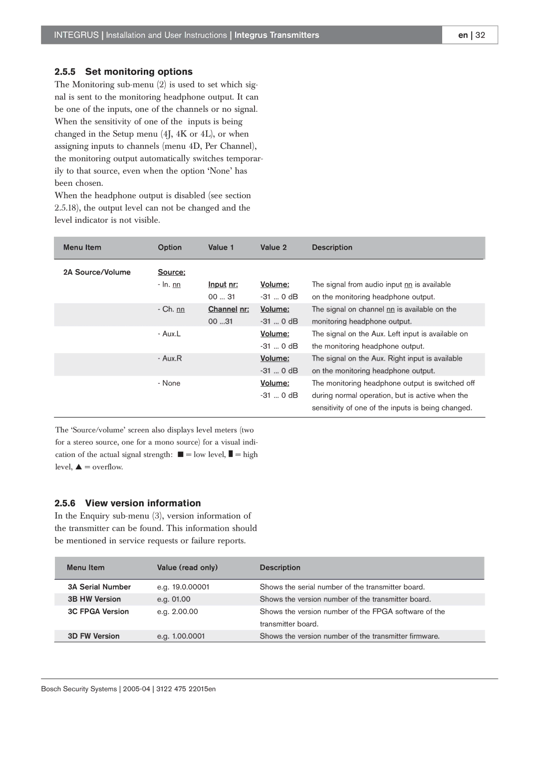 Bosch Appliances 3122 475 22015en manual Set monitoring options, View version information 