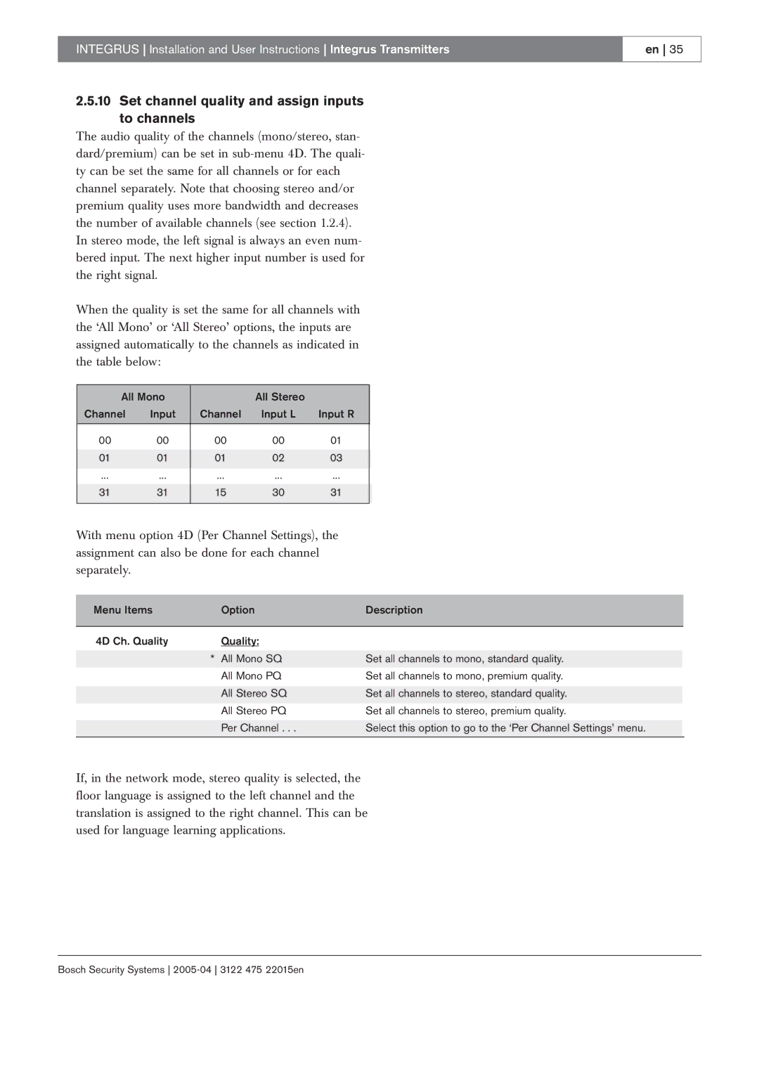 Bosch Appliances 3122 475 22015en manual Set channel quality and assign inputs to channels 