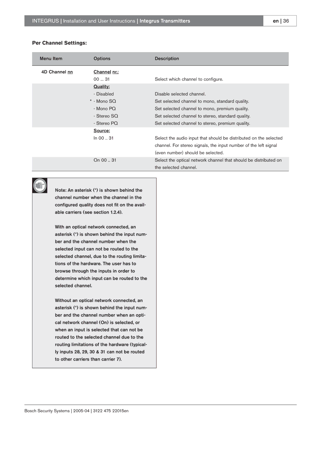 Bosch Appliances 3122 475 22015en manual Per Channel Settings 