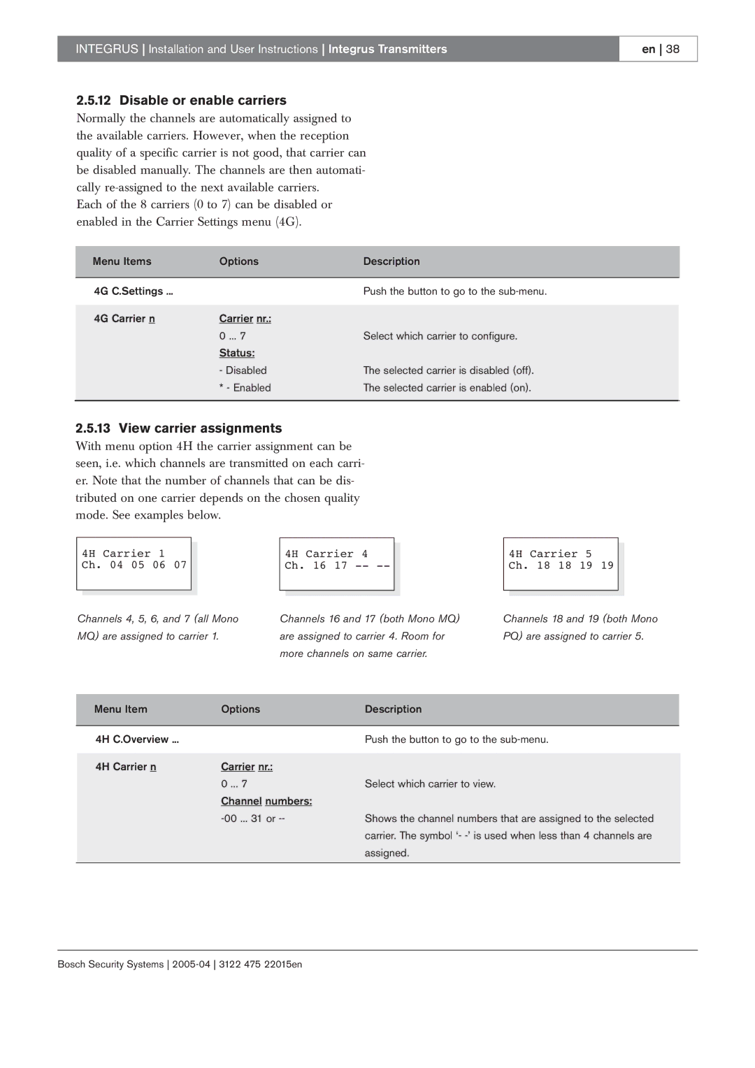 Bosch Appliances 3122 475 22015en manual Disable or enable carriers, View carrier assignments 