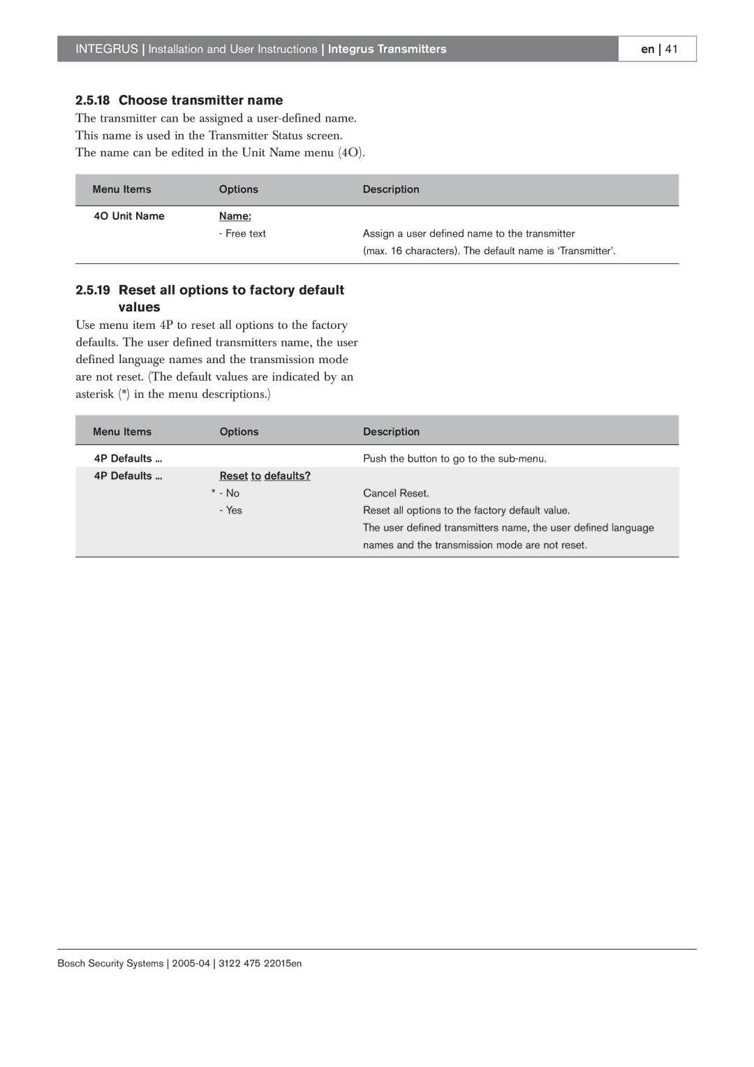 Bosch Appliances 3122 475 22015en manual Choose transmitter name, Reset all options to factory default values 