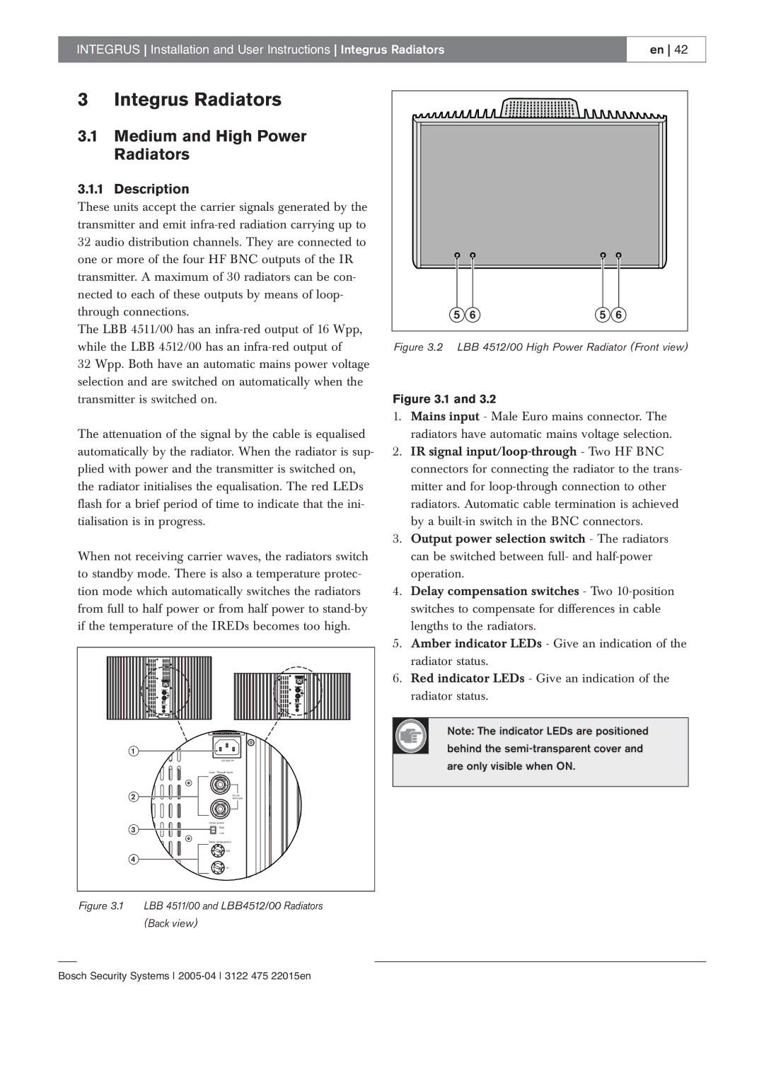 Bosch Appliances 3122 475 22015en manual Integrus Radiators, Medium and High Power Radiators, Description 