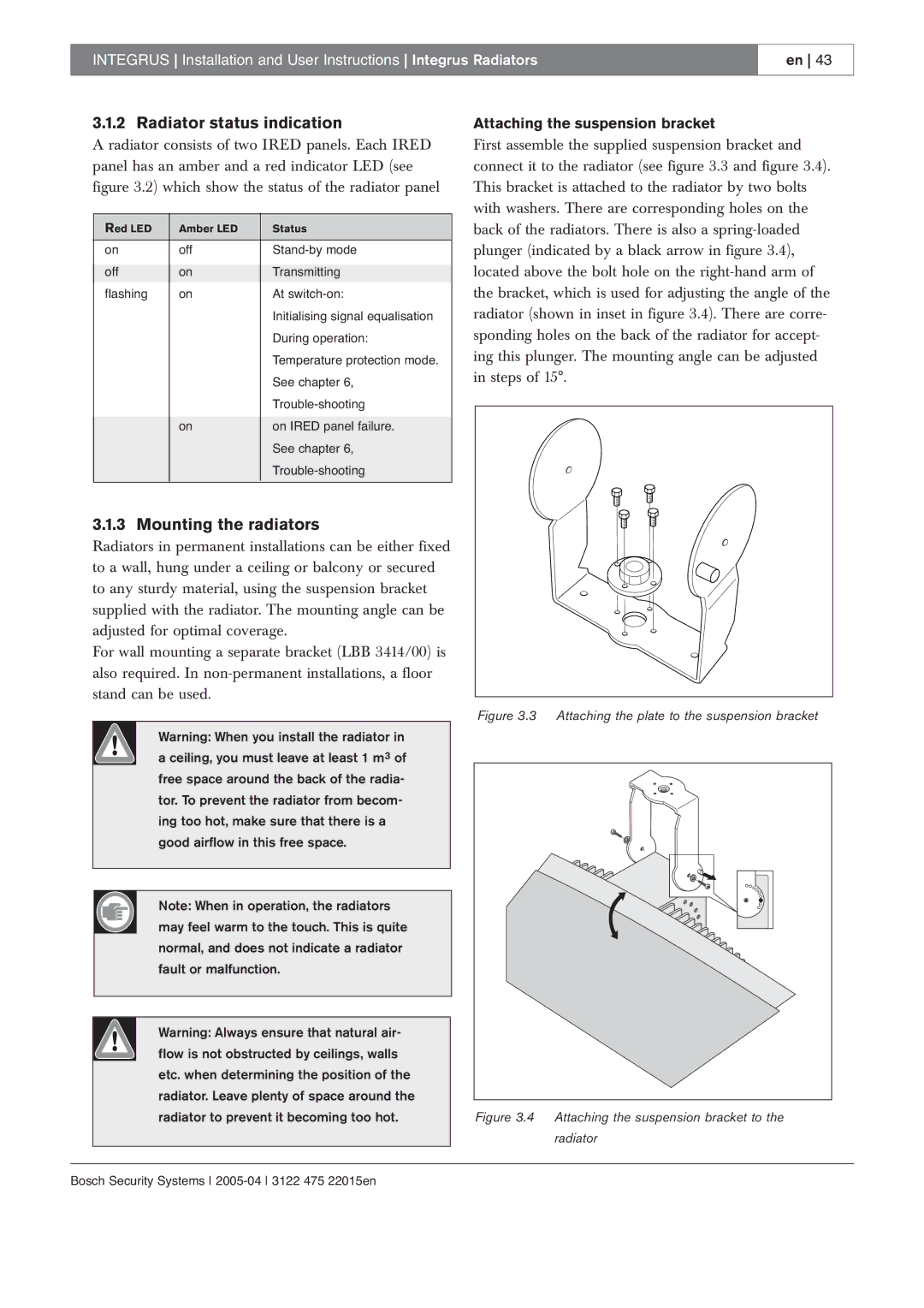 Bosch Appliances 3122 475 22015en Radiator status indication, Mounting the radiators, Attaching the suspension bracket 