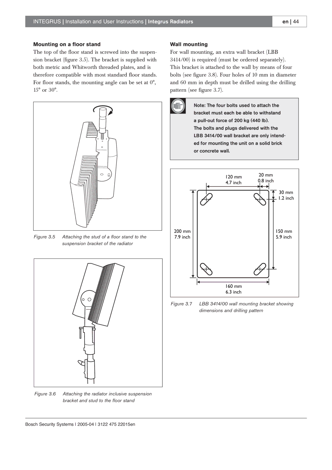 Bosch Appliances 3122 475 22015en manual Mounting on a floor stand, Wall mounting 