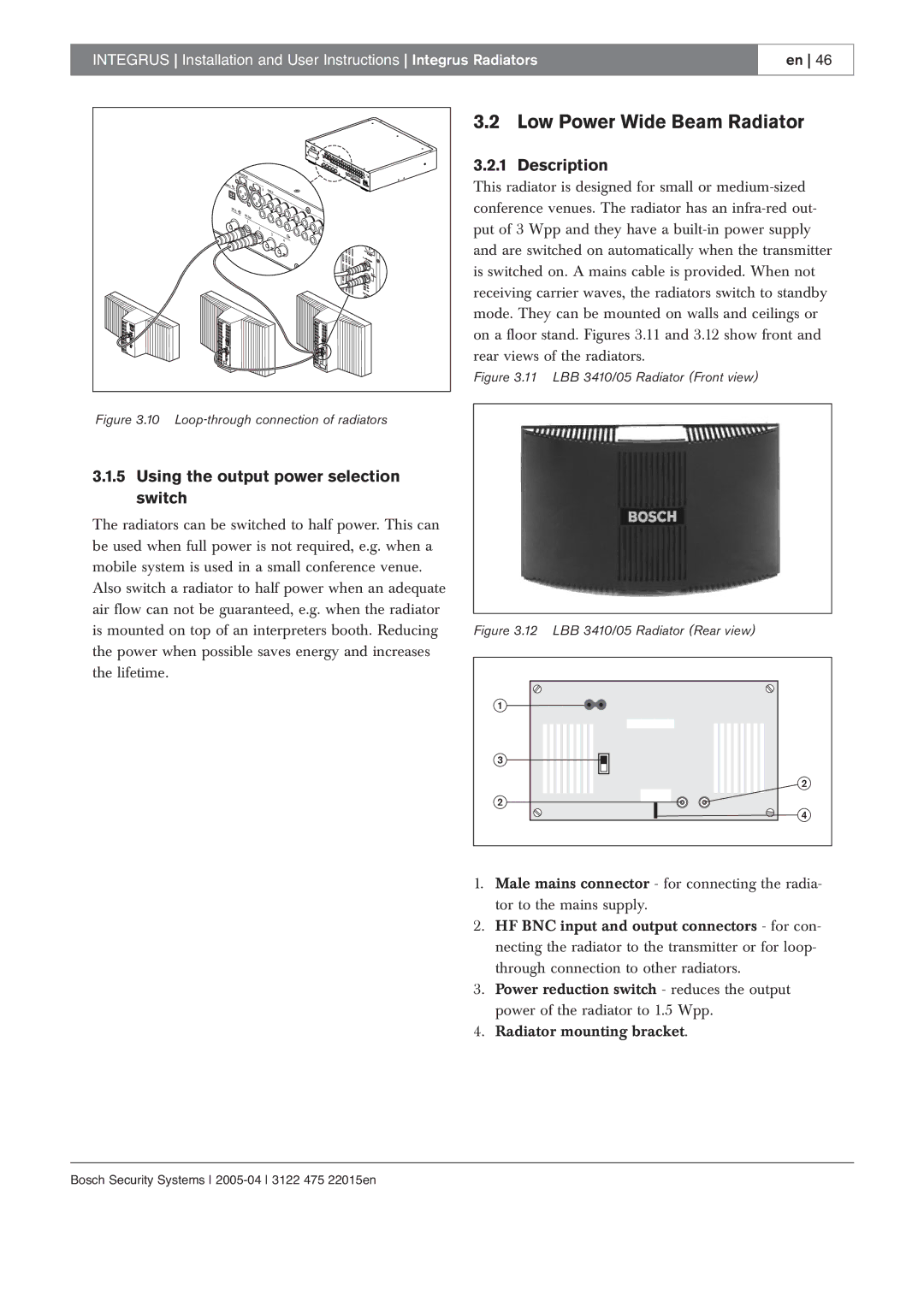 Bosch Appliances 3122 475 22015en manual Low Power Wide Beam Radiator, Using the output power selection switch 