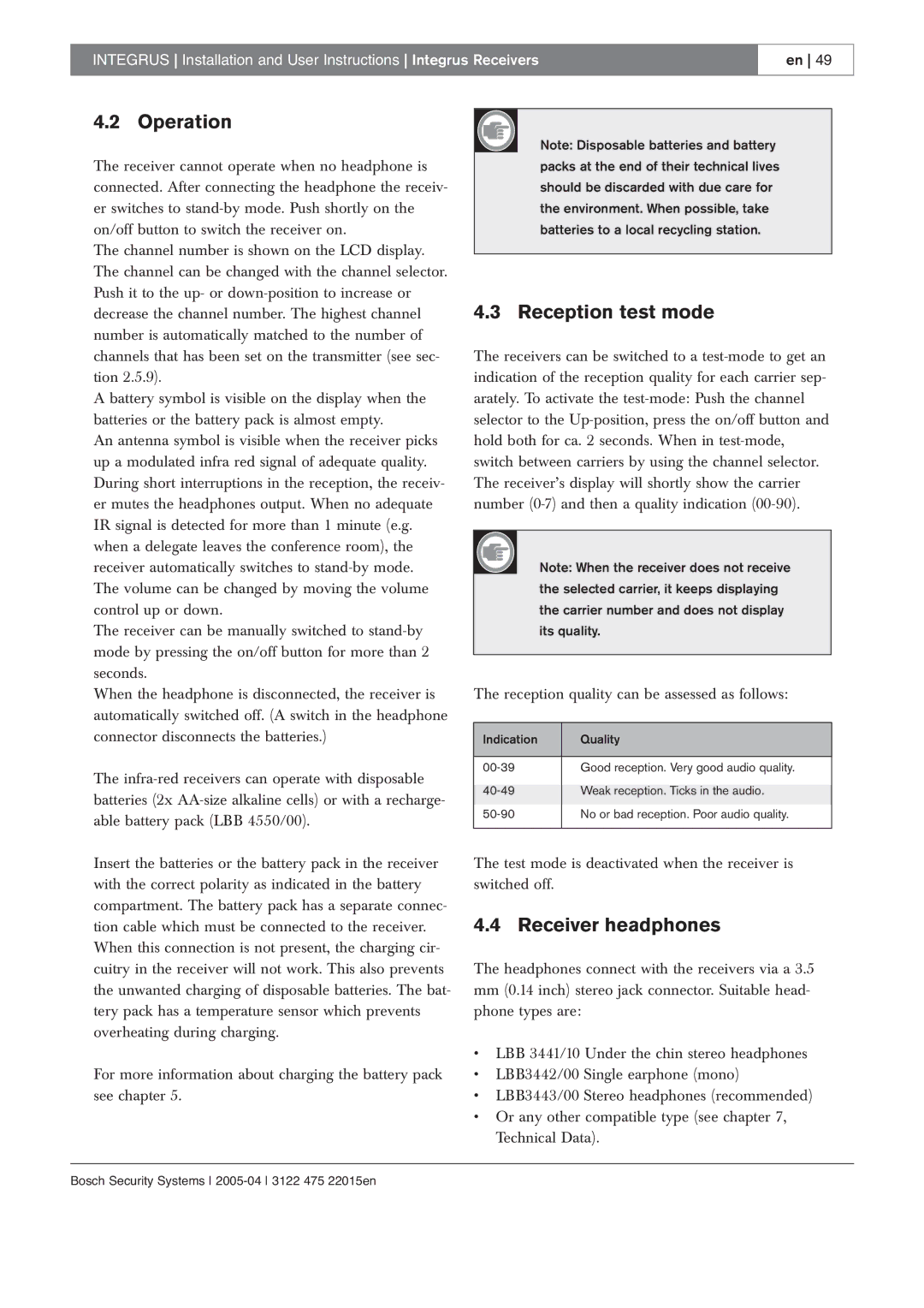 Bosch Appliances 3122 475 22015en manual Operation, Reception test mode, Receiver headphones 