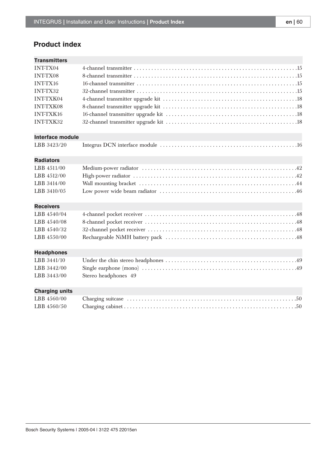 Bosch Appliances 3122 475 22015en manual Product index 