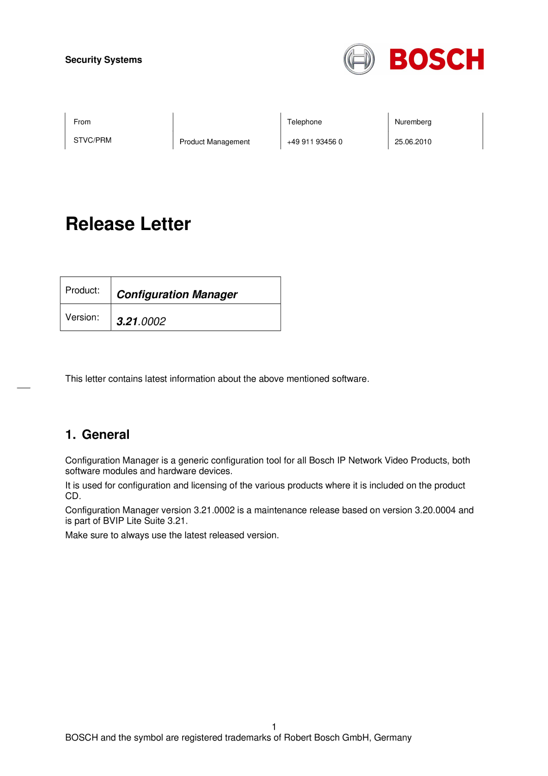 Bosch Appliances 3.21.0002 manual Release Letter, General 