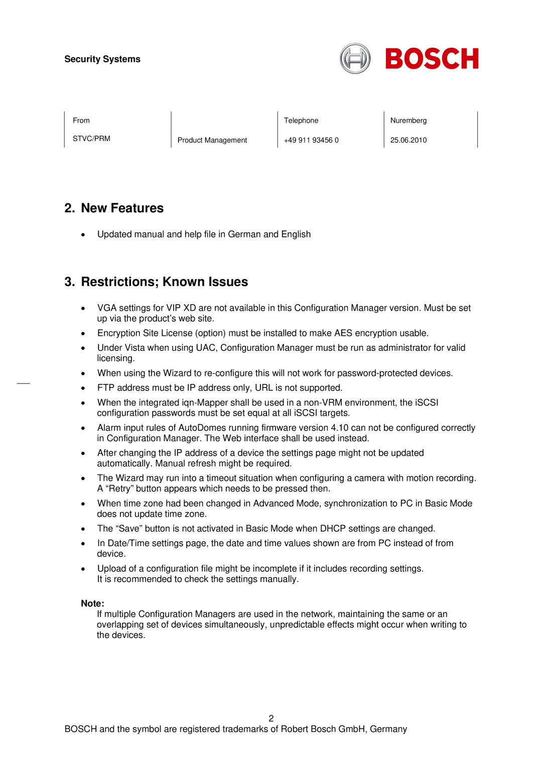 Bosch Appliances 3.21.0002 manual New Features, Restrictions Known Issues 