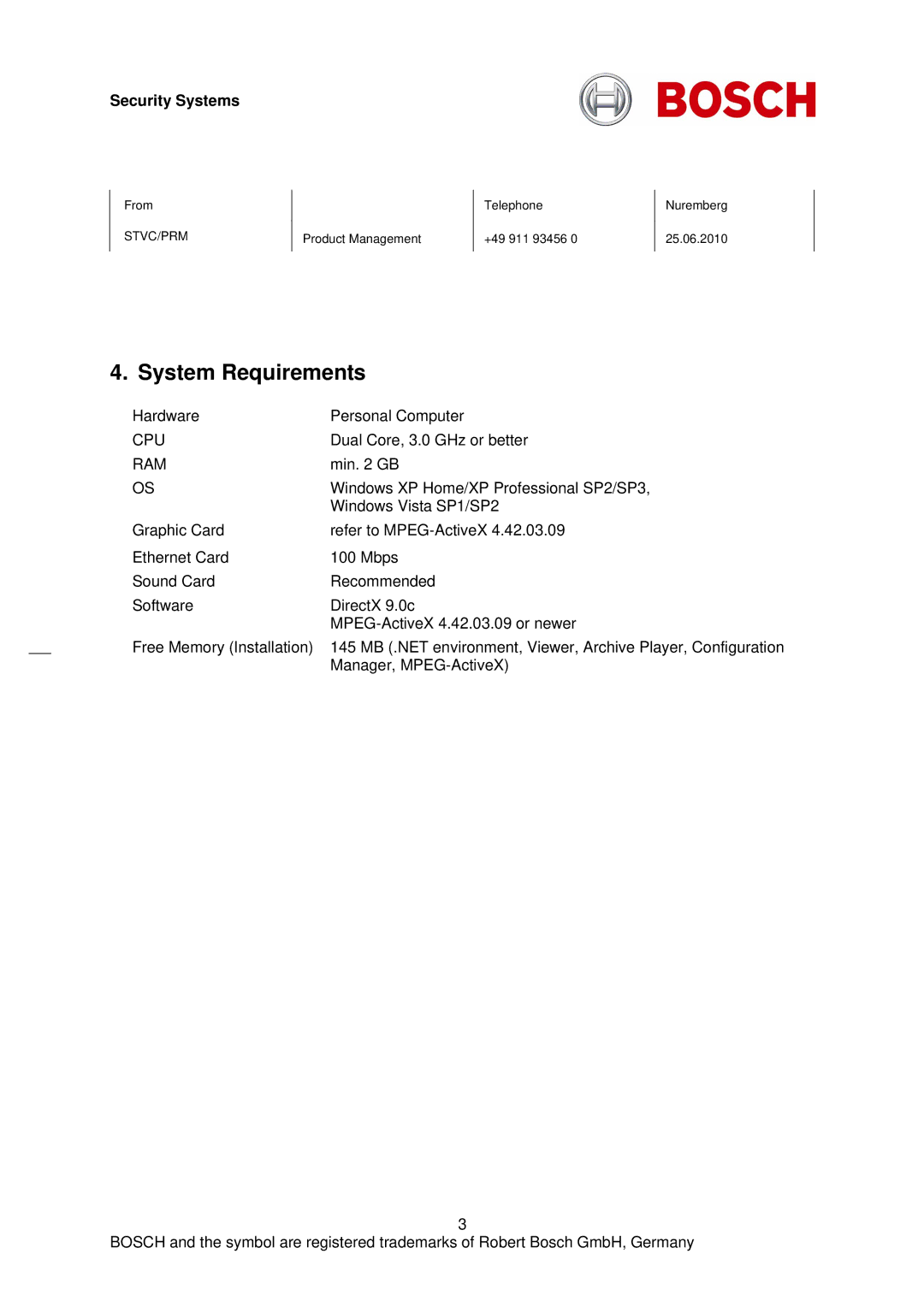 Bosch Appliances 3.21.0002 manual System Requirements, Cpu, Ram 