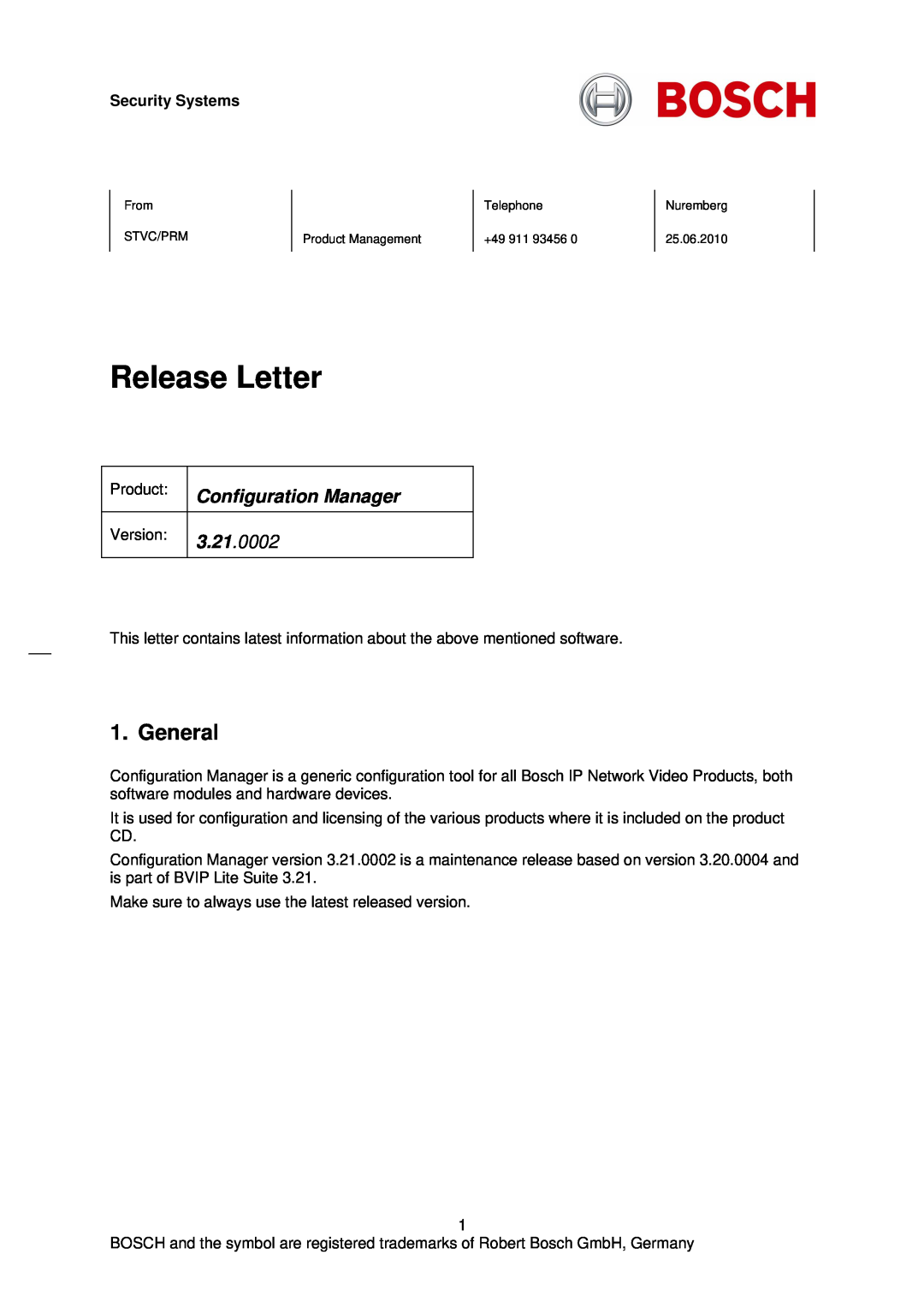 Bosch Appliances 3.21.0002 manual General, Security Systems, Release Letter, Configuration Manager 