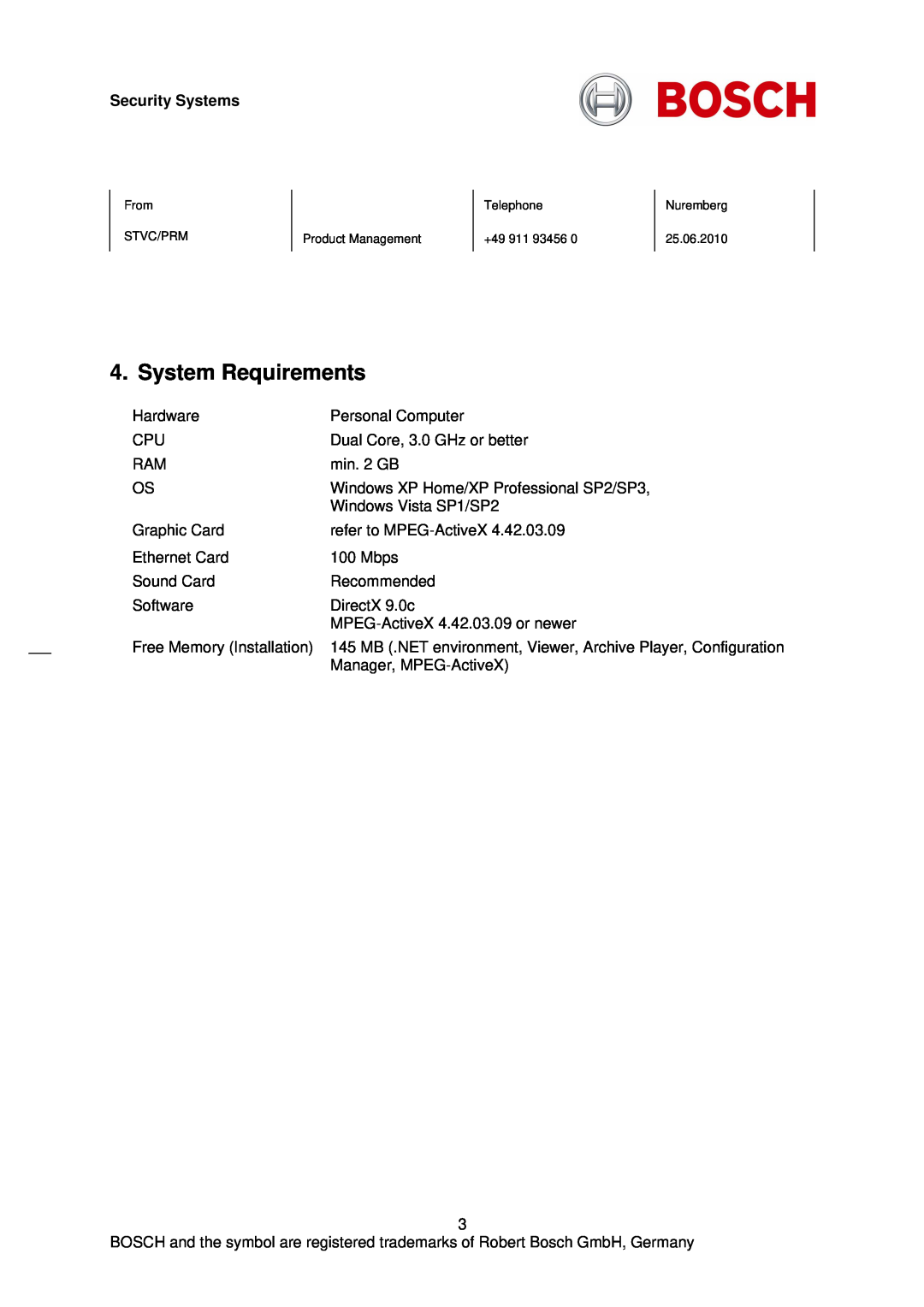 Bosch Appliances 3.21.0002 manual System Requirements, Security Systems 