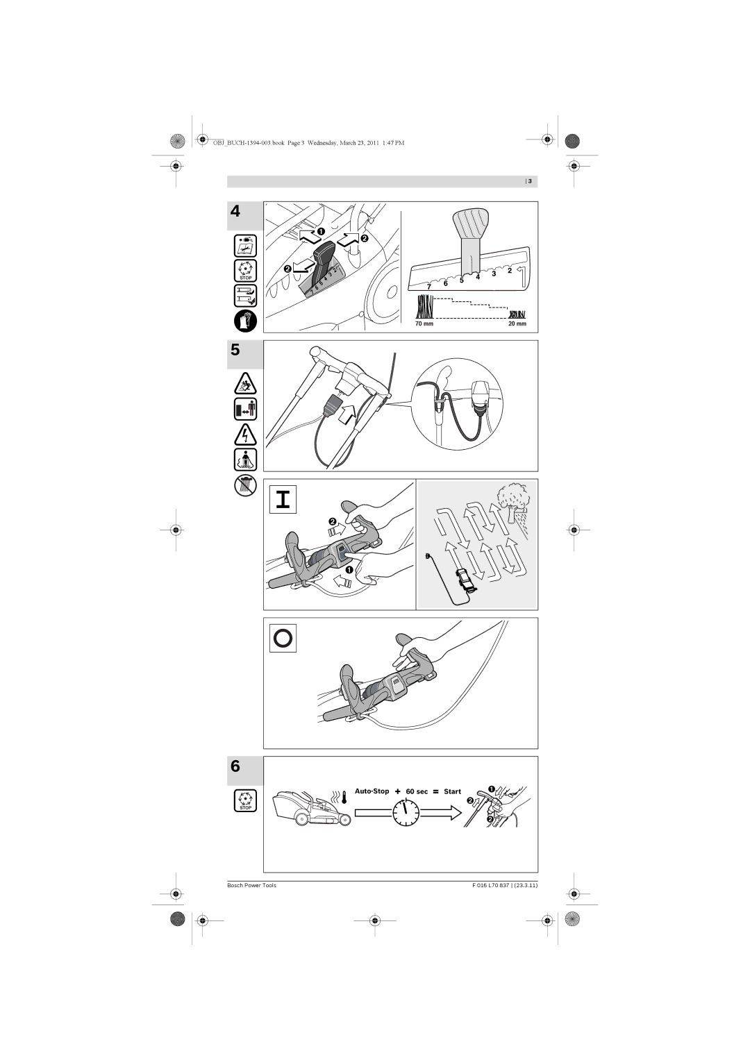 Bosch Appliances 34 manual Auto-Stop 60 sec Start, 70 mm 20 mm 