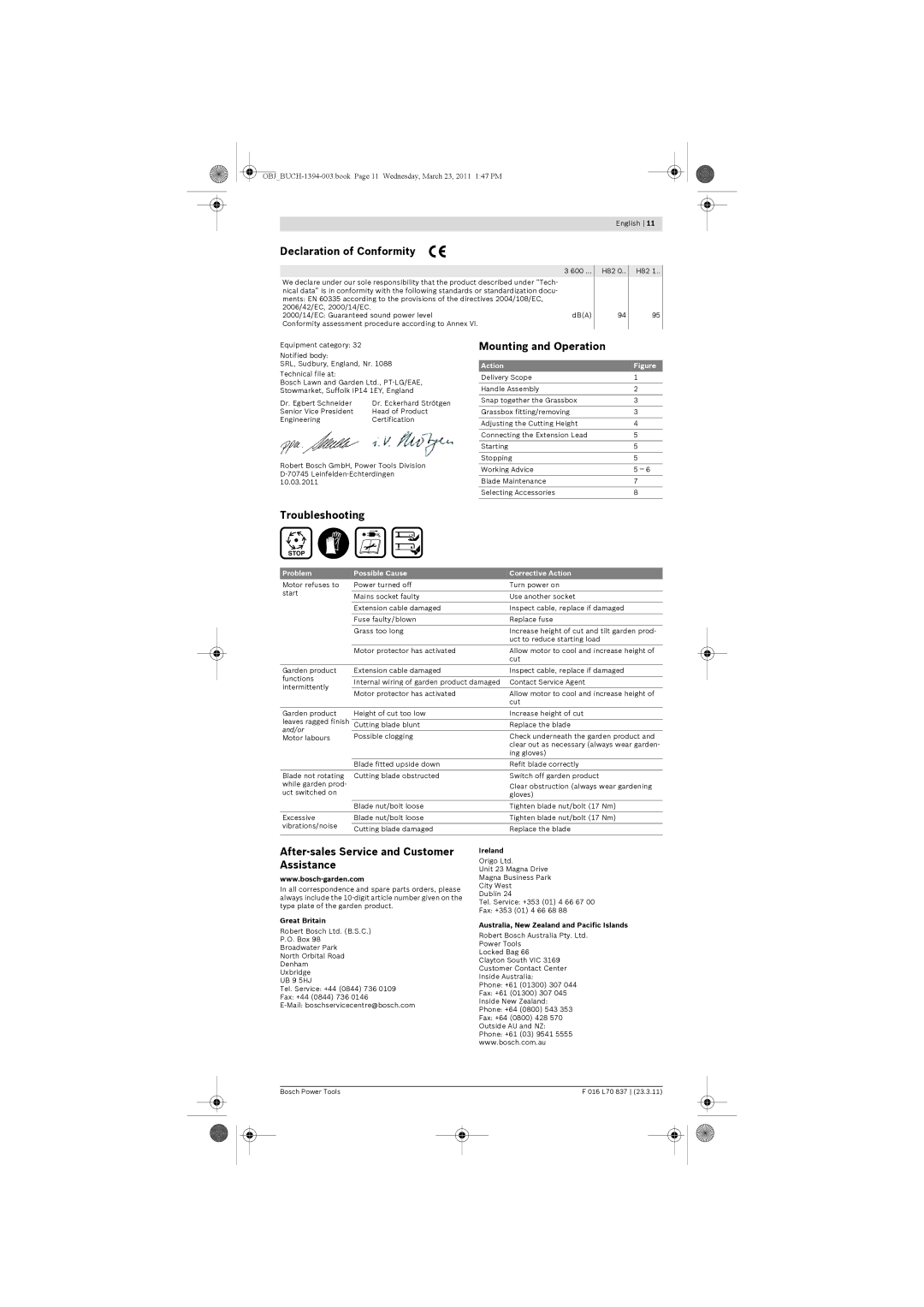 Bosch Appliances 34 manual Declaration of Conformity, Mounting and Operation, Troubleshooting 