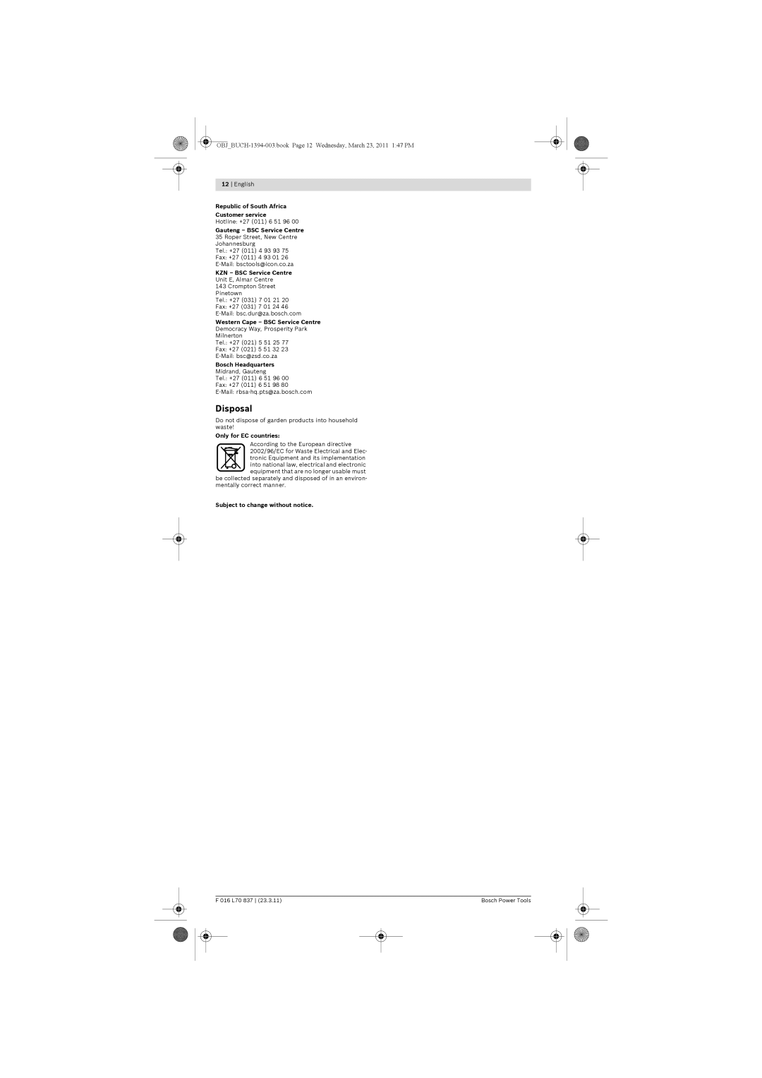 Bosch Appliances 34 manual Disposal 