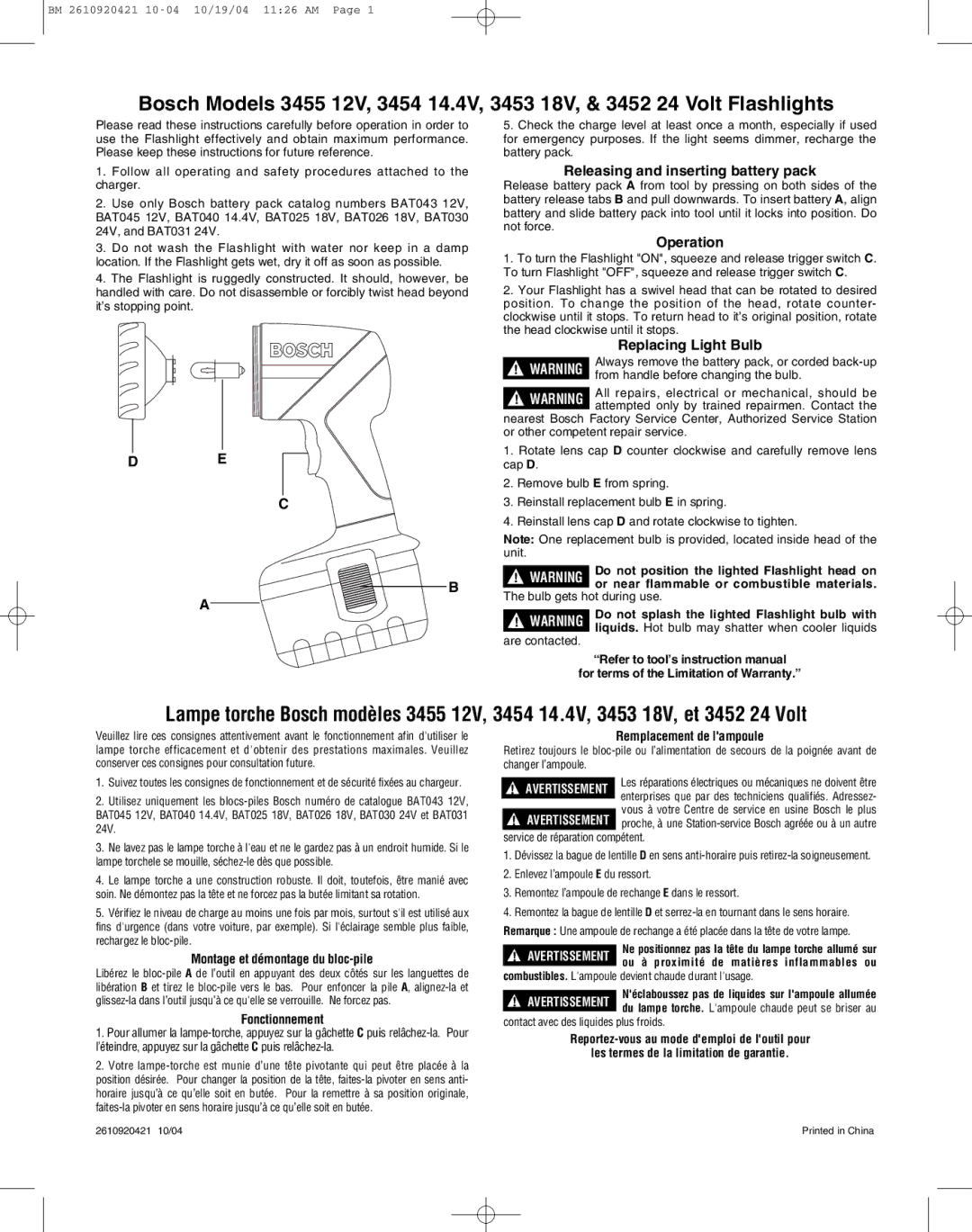 Bosch Appliances 3455 12V instruction manual Releasing and inserting battery pack, Operation, Replacing Light Bulb 