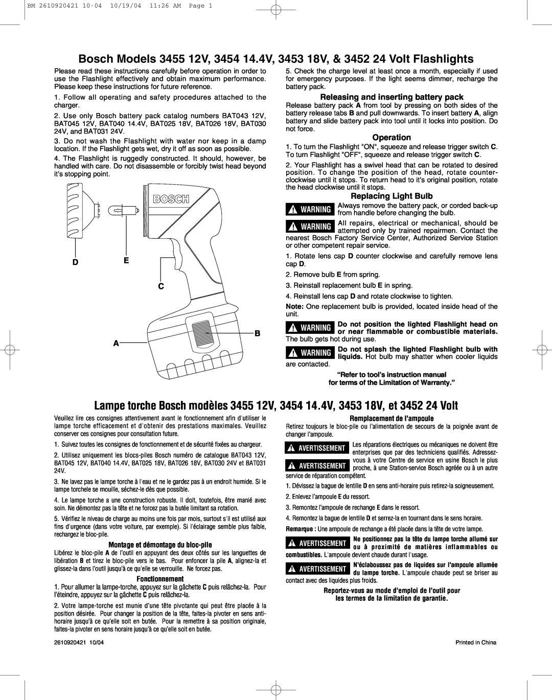 Bosch Appliances 3455 12V instruction manual D E C B A, Releasing and inserting battery pack, Operation, Fonctionnement 