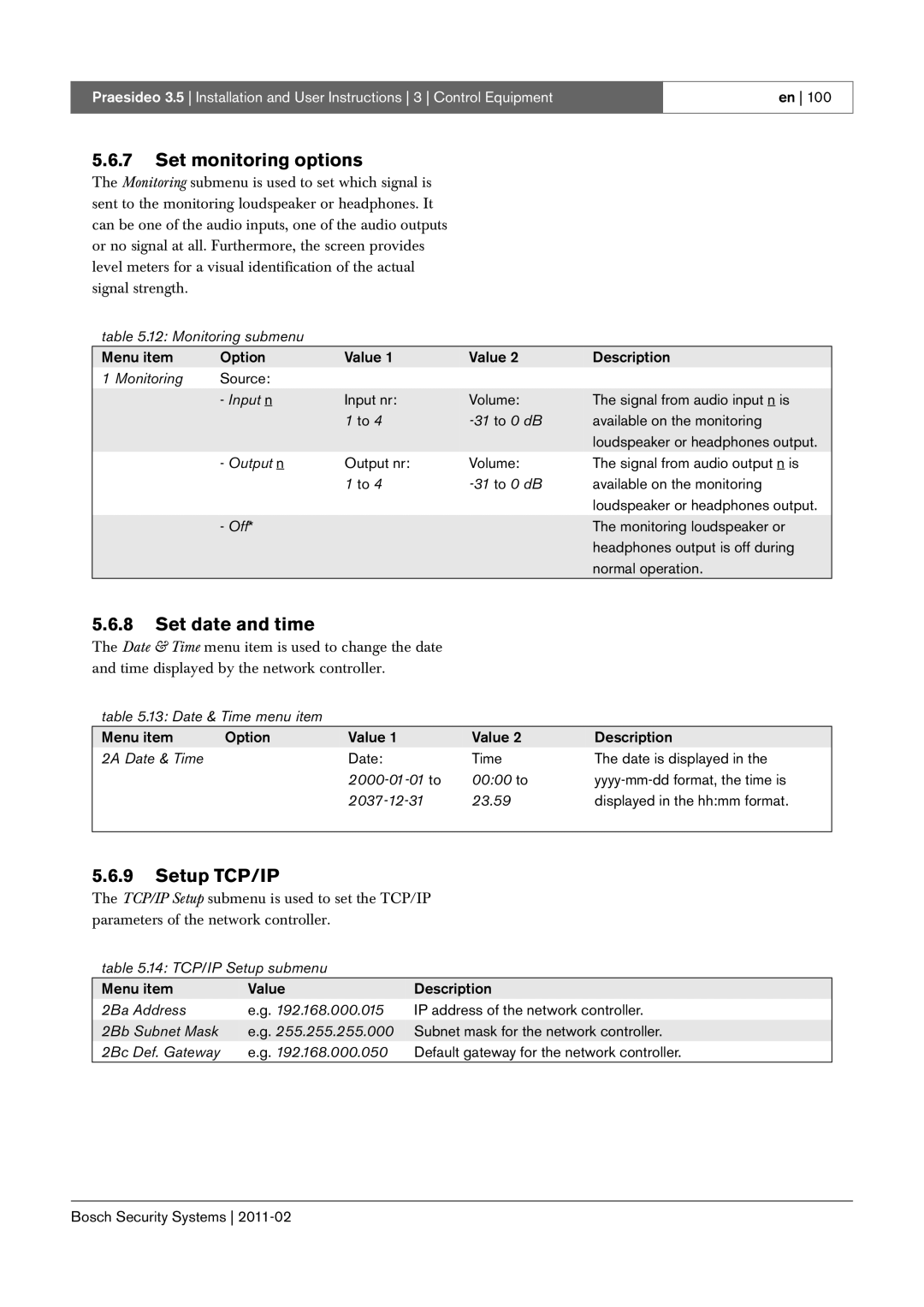 Bosch Appliances 3.5 manual Set monitoring options, Set date and time, Setup TCP/IP 