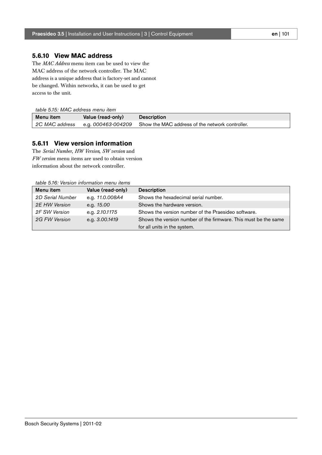 Bosch Appliances 3.5 manual View MAC address, View version information 