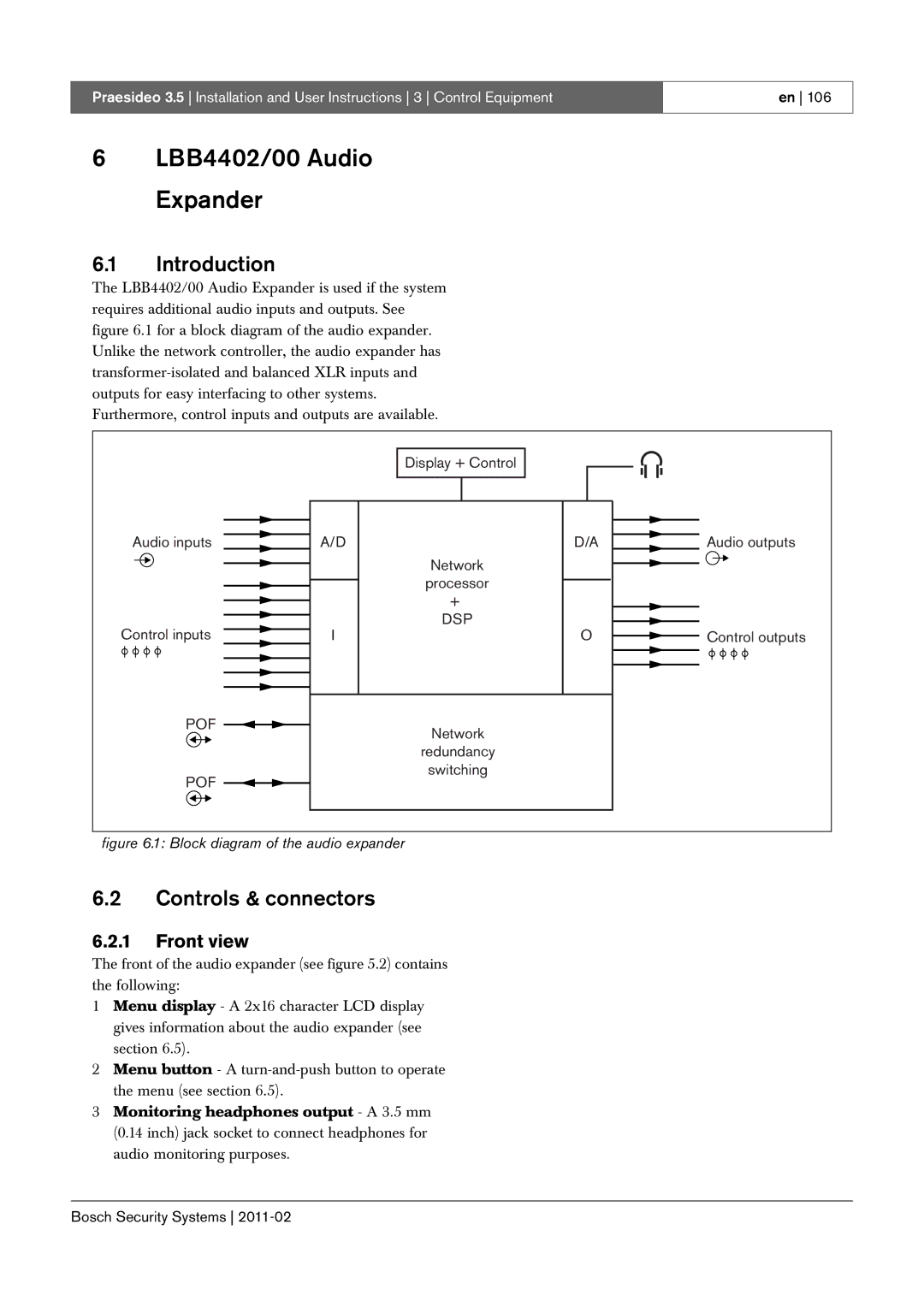 Bosch Appliances 3.5 manual LBB4402/00 Audio Expander, Controls & connectors, Display + Control Audio inputs Control inputs 