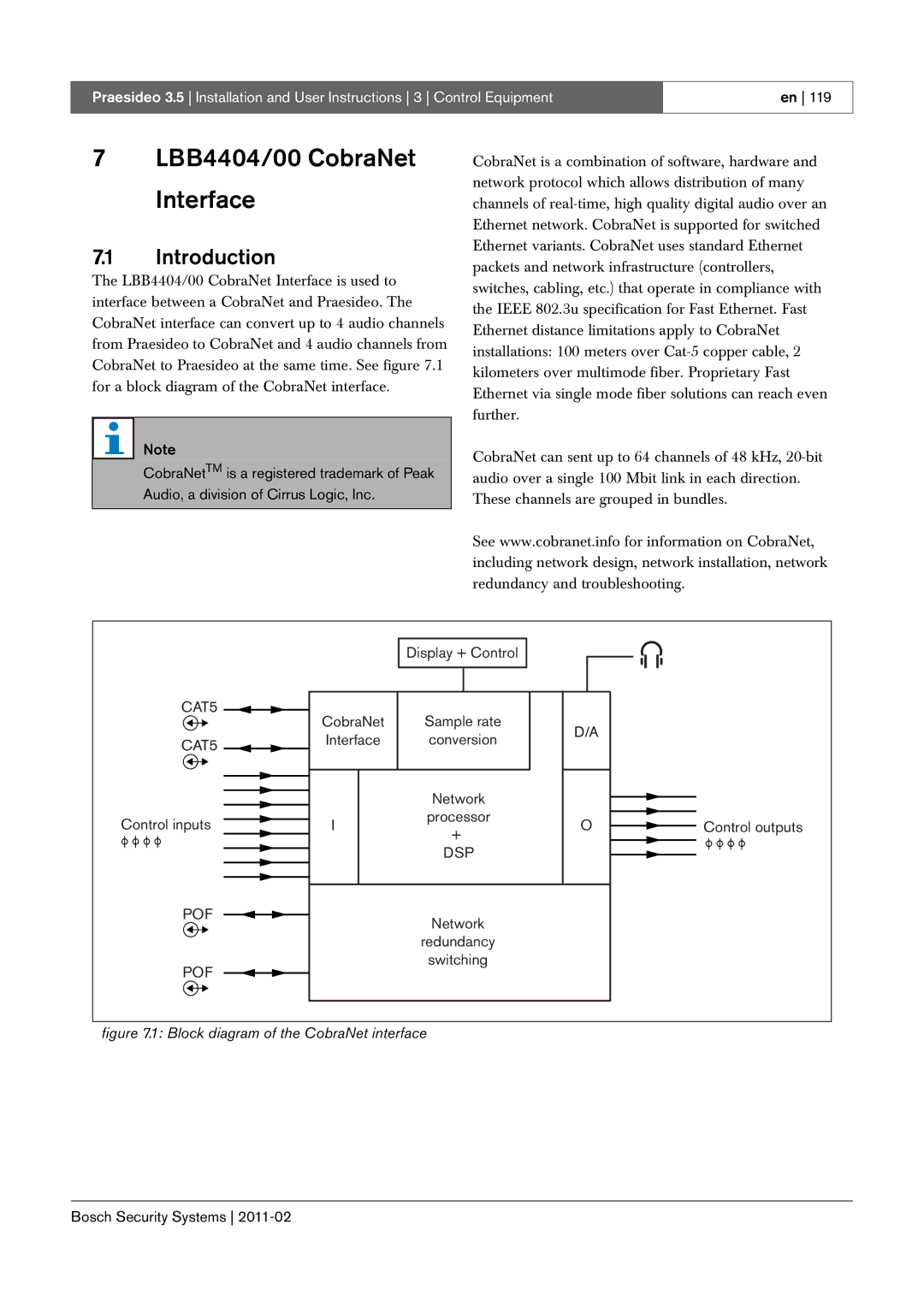 Bosch Appliances 3.5 manual LBB4404/00 CobraNet Interface, Display + Control CobraNet 