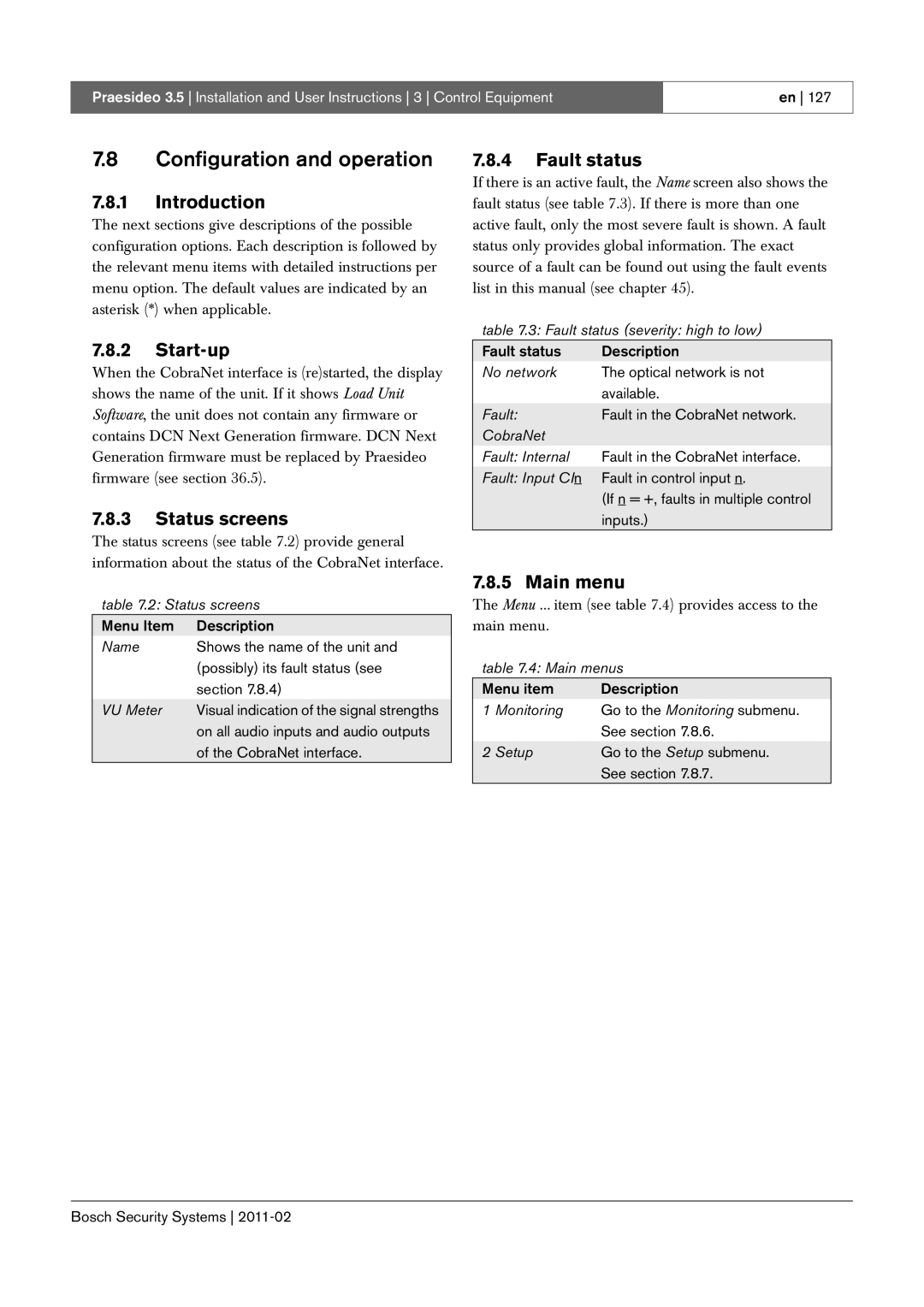 Bosch Appliances 3.5 manual Fault status severity high to low, CobraNet Fault Internal 