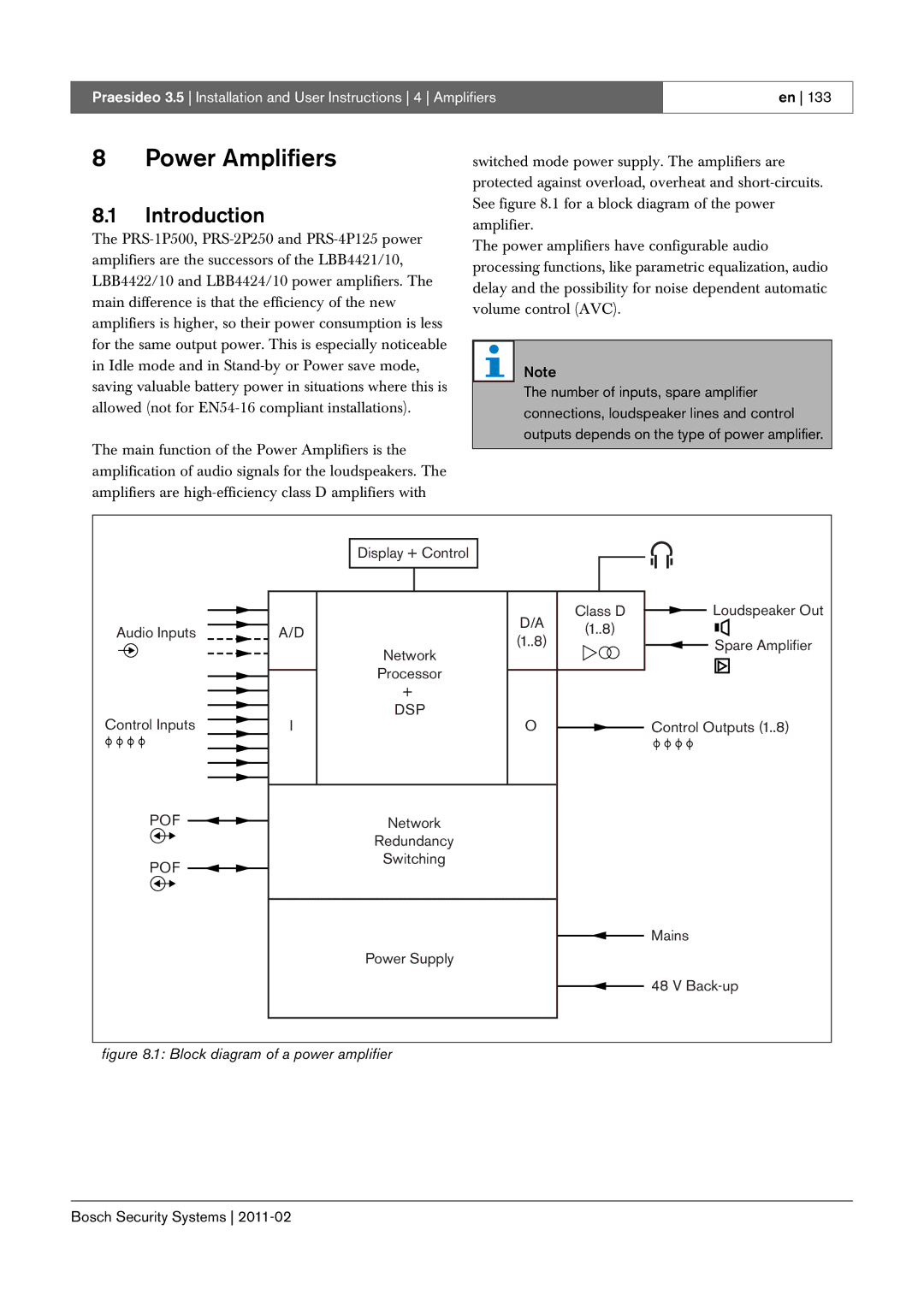 Bosch Appliances 3.5 manual Power Amplifiers, Number of inputs, spare amplifier, Audio Inputs Spare Amplifier, Back-up 