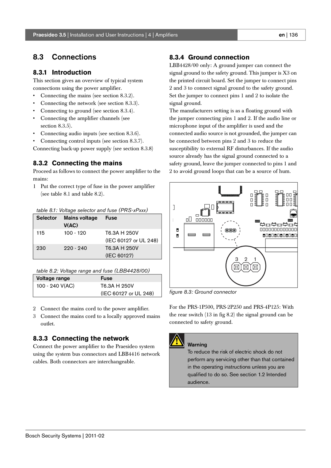 Bosch Appliances 3.5 manual Ground connection, Voltage selector and fuse PRS-xPxxx, 115 100 T6.3A H IEC 60127 or UL 230 220 