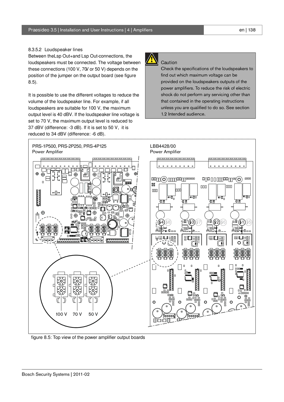 Bosch Appliances 3.5 manual Loudspeaker lines, Power Amplifier 100 