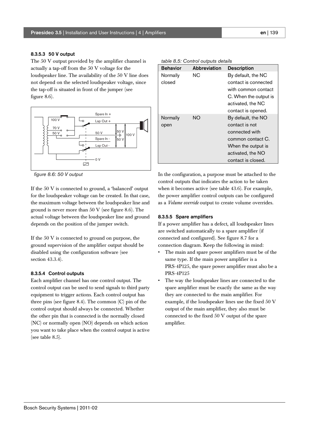 Bosch Appliances 3.5 manual 5.3 50 V output, Spare amplifiers 