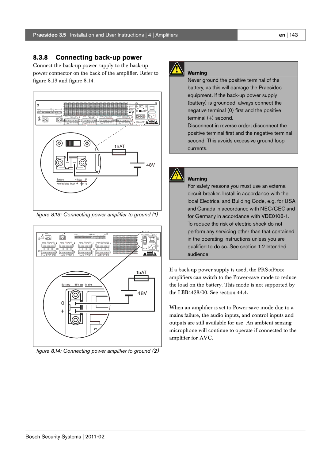 Bosch Appliances 3.5 manual Connecting power amplifier to ground, 48V 