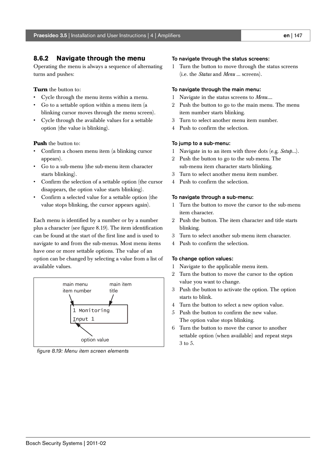 Bosch Appliances 3.5 manual Option value, Menu item screen elements 