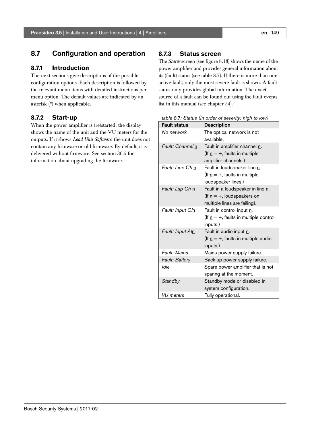 Bosch Appliances 3.5 manual Status screen 