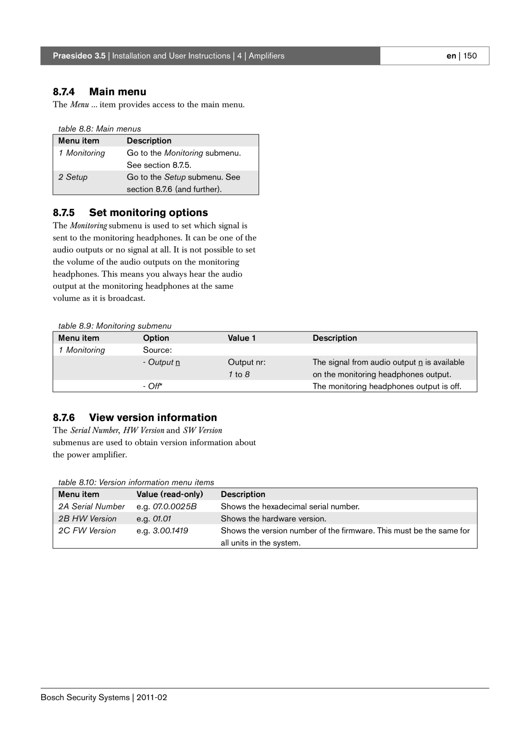 Bosch Appliances 3.5 manual and further, Version information menu items, 2A Serial Number 0.0025B, All units in the system 