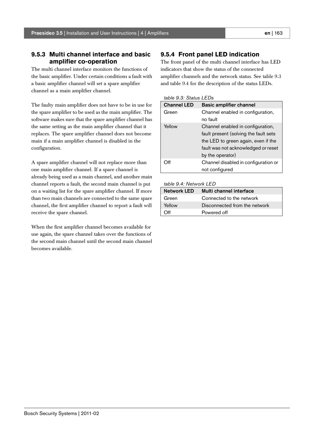 Bosch Appliances 3.5 Multi channel interface and basic amplifier co-operation, Front panel LED indication, Status LEDs 