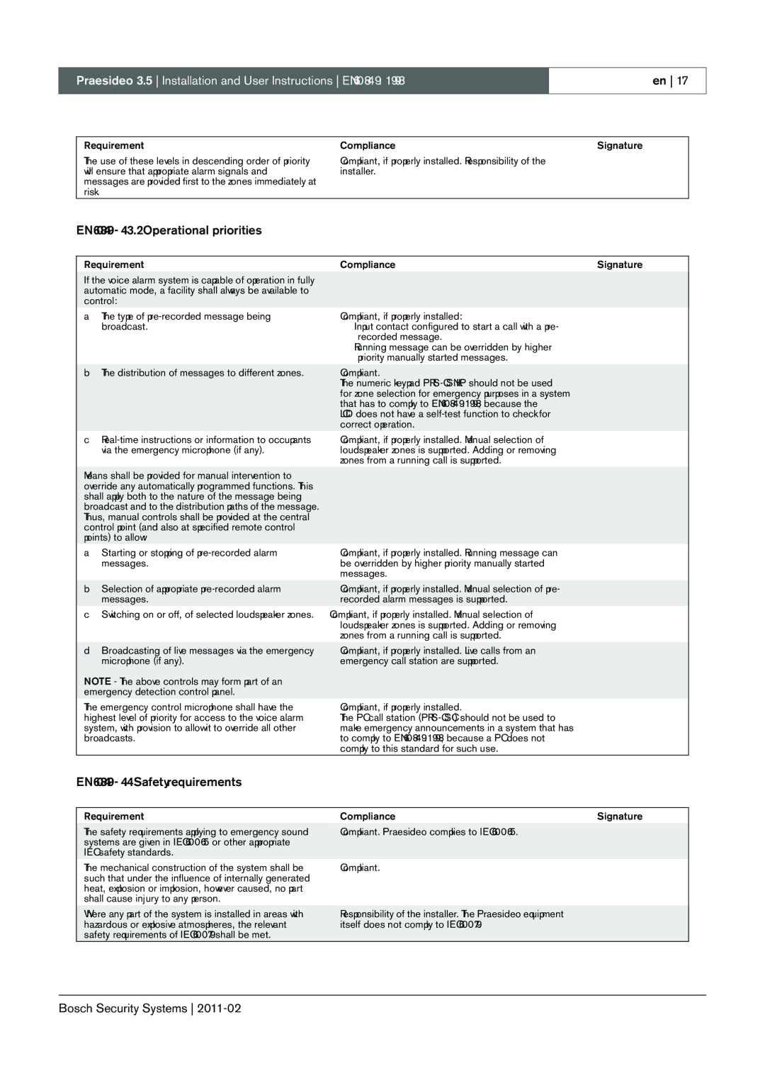 Bosch Appliances 3.5 manual EN60849 4.3.2 Operational priorities, EN60849 4.4 Safety requirements 