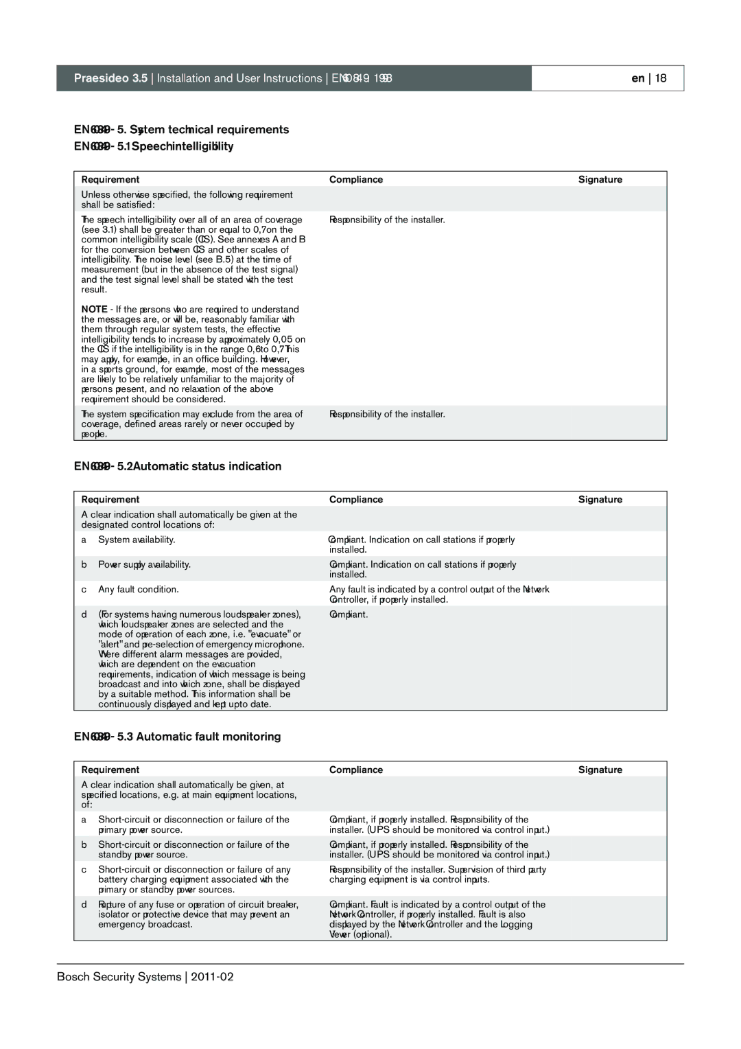 Bosch Appliances 3.5 manual EN60849 5.2 Automatic status indication, EN60849 5.3 Automatic fault monitoring 