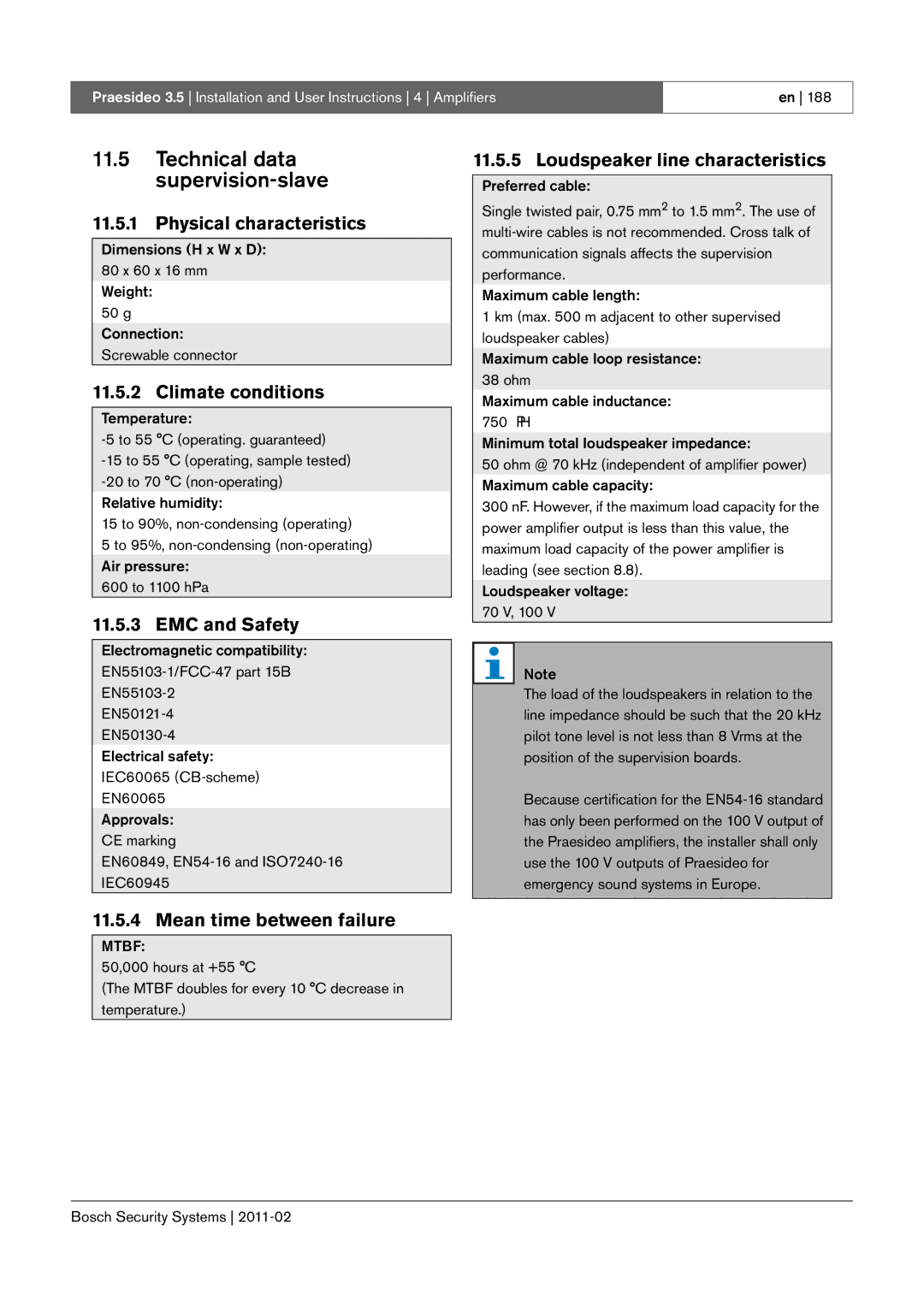 Bosch Appliances 3.5 manual Technical data supervision-slave, Loudspeaker line characteristics 