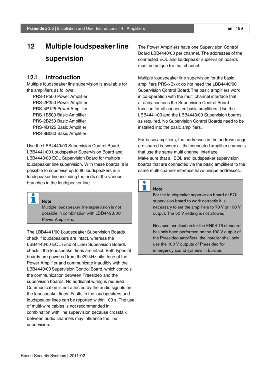 Bosch Appliances 3.5 manual Multiple loudspeaker line supervision, Power Amplifiers 