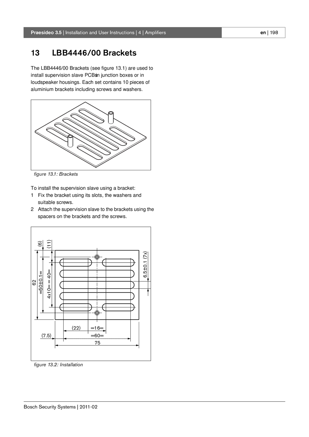 Bosch Appliances 3.5 manual 13 LBB4446/00 Brackets, =50±0.1= 4x10= = 40= ±0.17x =16= =60= 