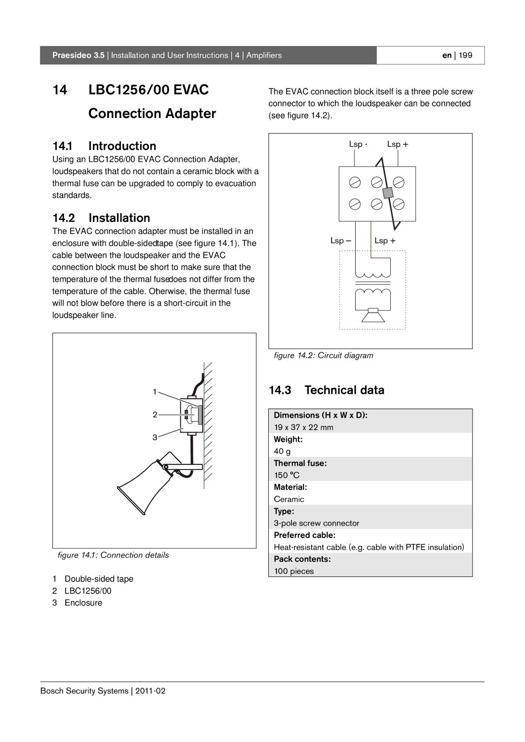 Bosch Appliances 3.5 manual 14 LBC1256/00 Evac Connection Adapter, Lsp Lsp + 