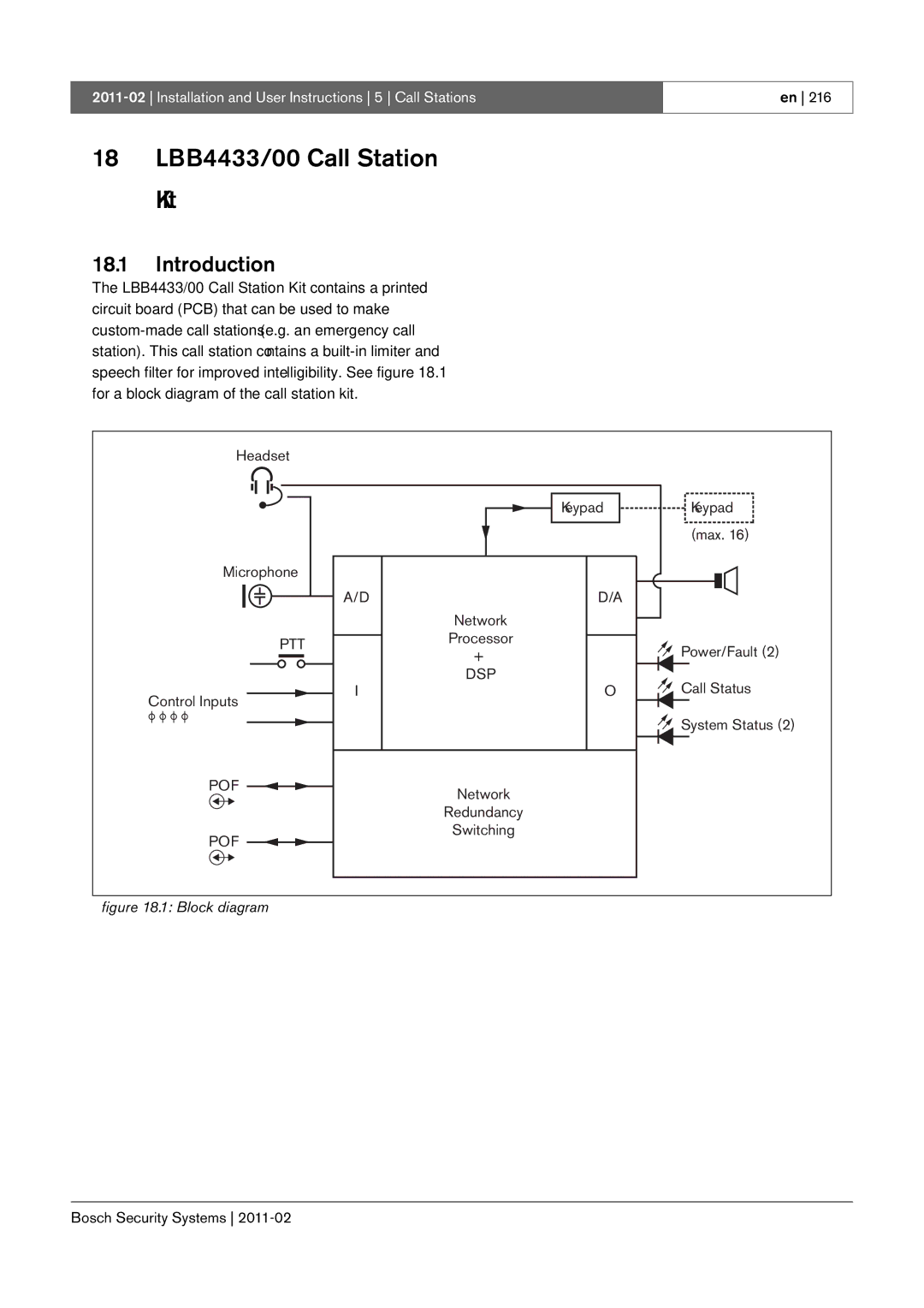 Bosch Appliances 3.5 manual 18 LBB4433/00 Call Station Kit, Headset 