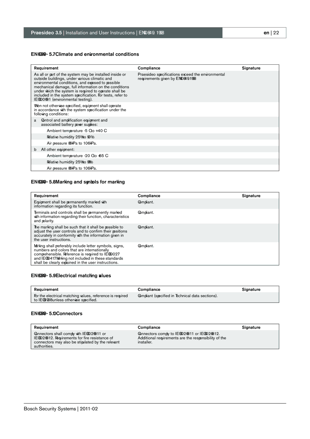 Bosch Appliances 3.5 manual EN60849 5.7 Climate and environmental conditions, EN60849 5.8 Marking and symbols for marking 