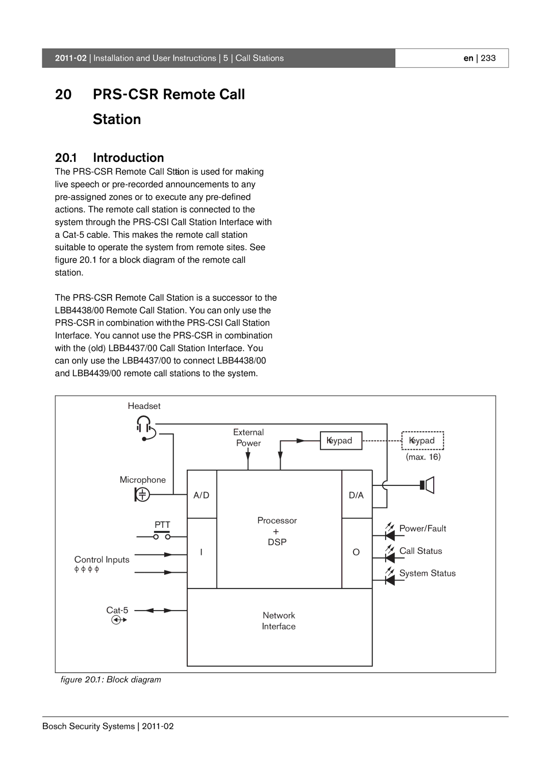 Bosch Appliances 3.5 manual PRS-CSR Remote Call Station, Block diagram 