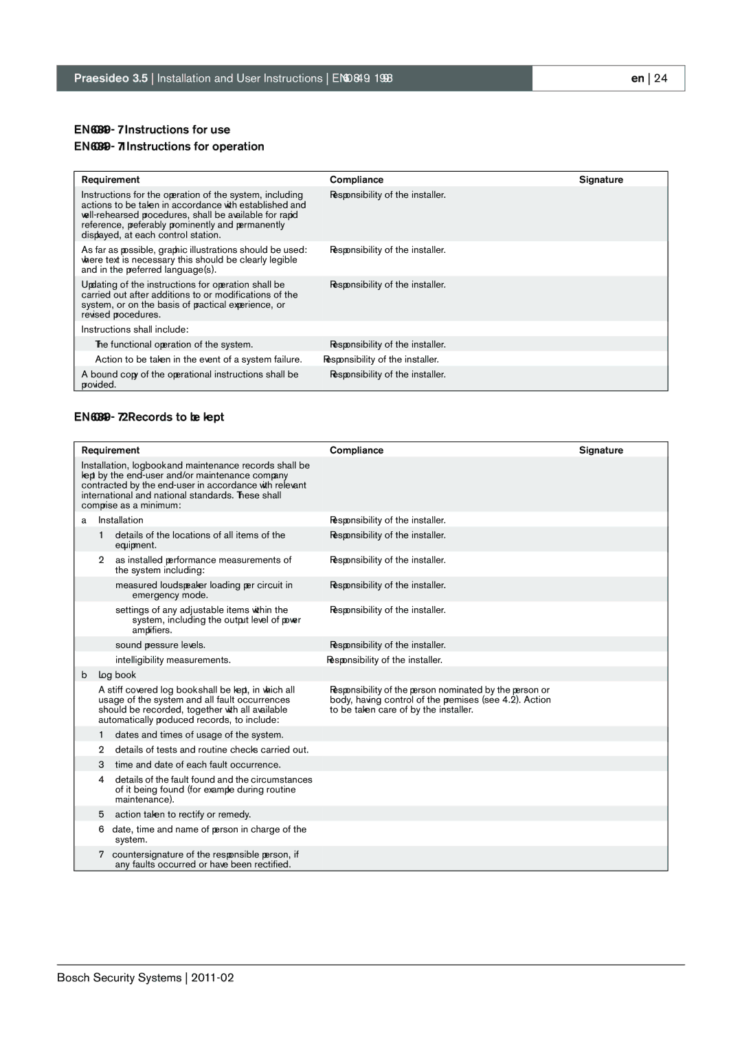 Bosch Appliances 3.5 manual EN60849 7.2 Records to be kept 