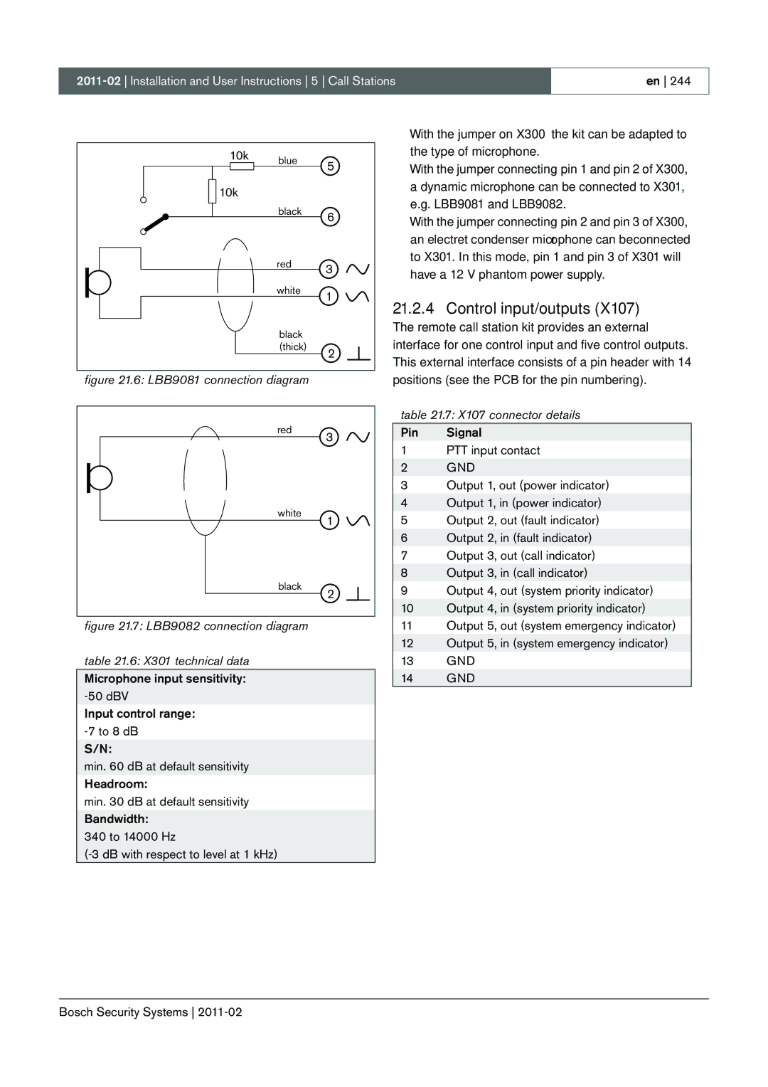 Bosch Appliances 3.5 manual LBB9082 connection diagram X301 technical data, X107 connector details 