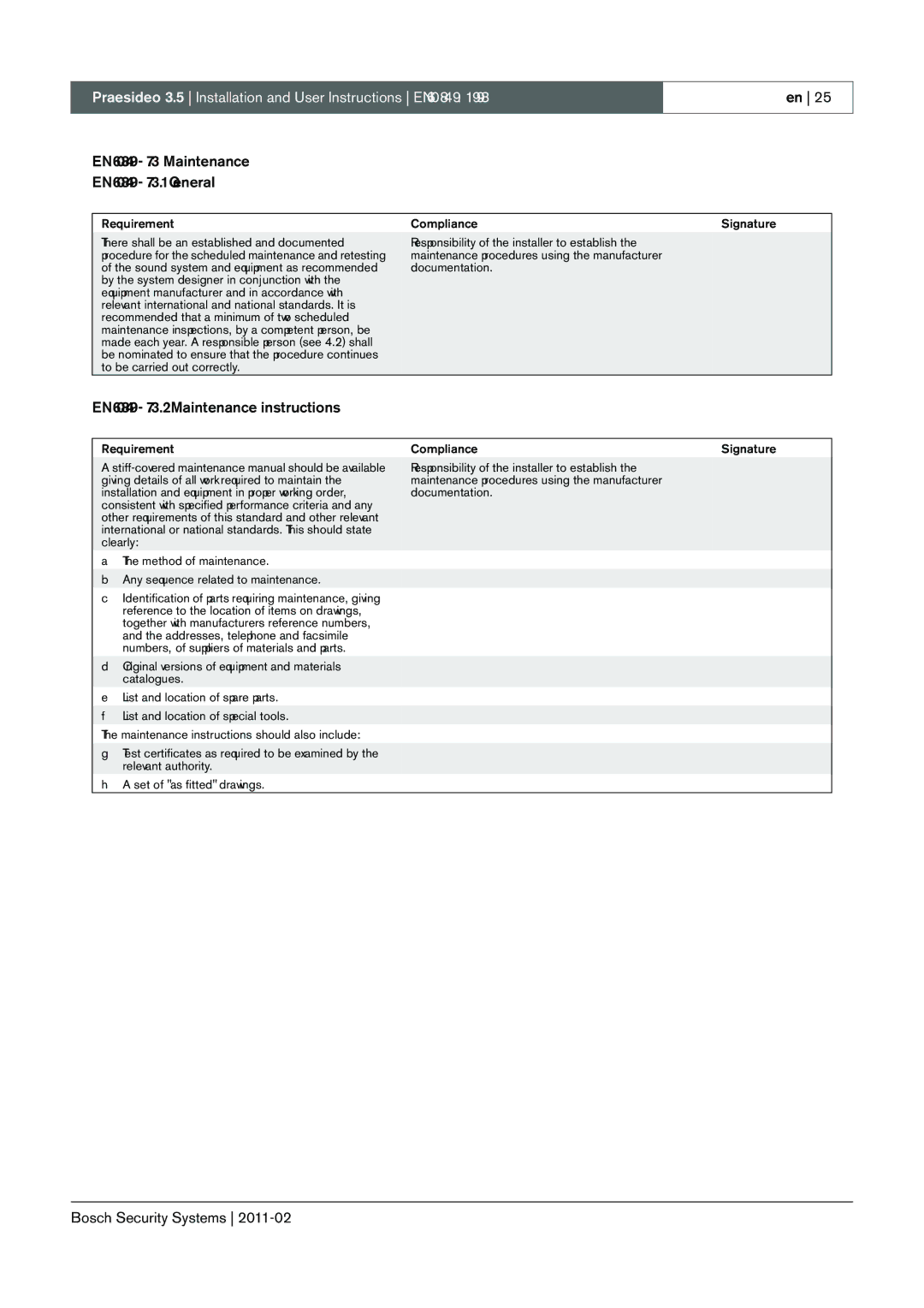 Bosch Appliances 3.5 manual EN60849 7.3 Maintenance EN60849 7.3.1 General, EN60849 7.3.2 Maintenance instructions 