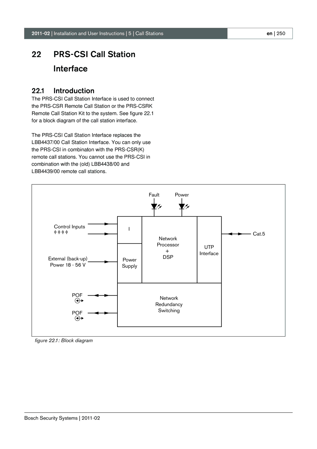 Bosch Appliances 3.5 manual PRS-CSI Call Station Interface, Fault Power Control Inputs External back-up Power 18 56 