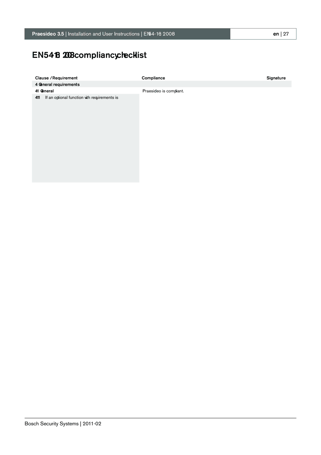 Bosch Appliances 3.5 manual EN54-16 2008 compliancy checklist, Clause / Requirement General requirements 4.1 General 