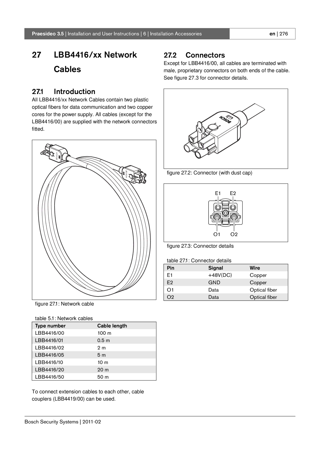 Bosch Appliances 3.5 manual 27 LBB4416/xx Network Cables, E1 E2 O1 O2, Pin Signal Wire +48VDC Copper 